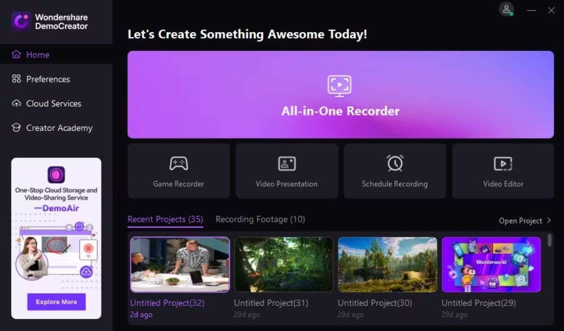 página de inicio de wondershare democreator