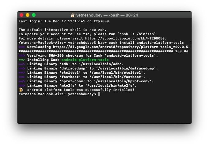 escribe brew cask install android platform tools