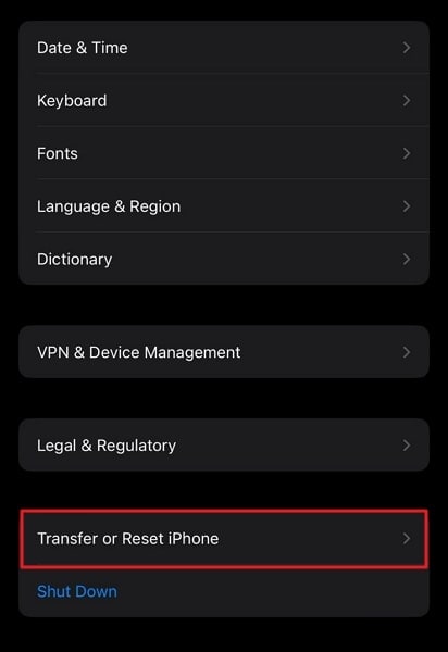 appuyez sur transférer ou réinitialiser l'iphone 