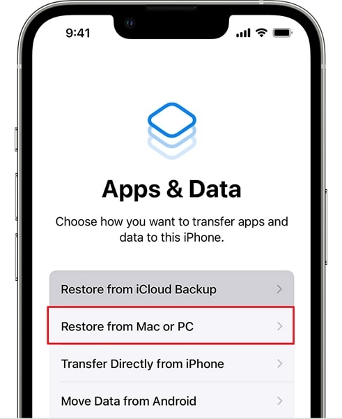 tap on restore from mac or pc