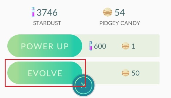 Opción evolucionar en Pokémon
