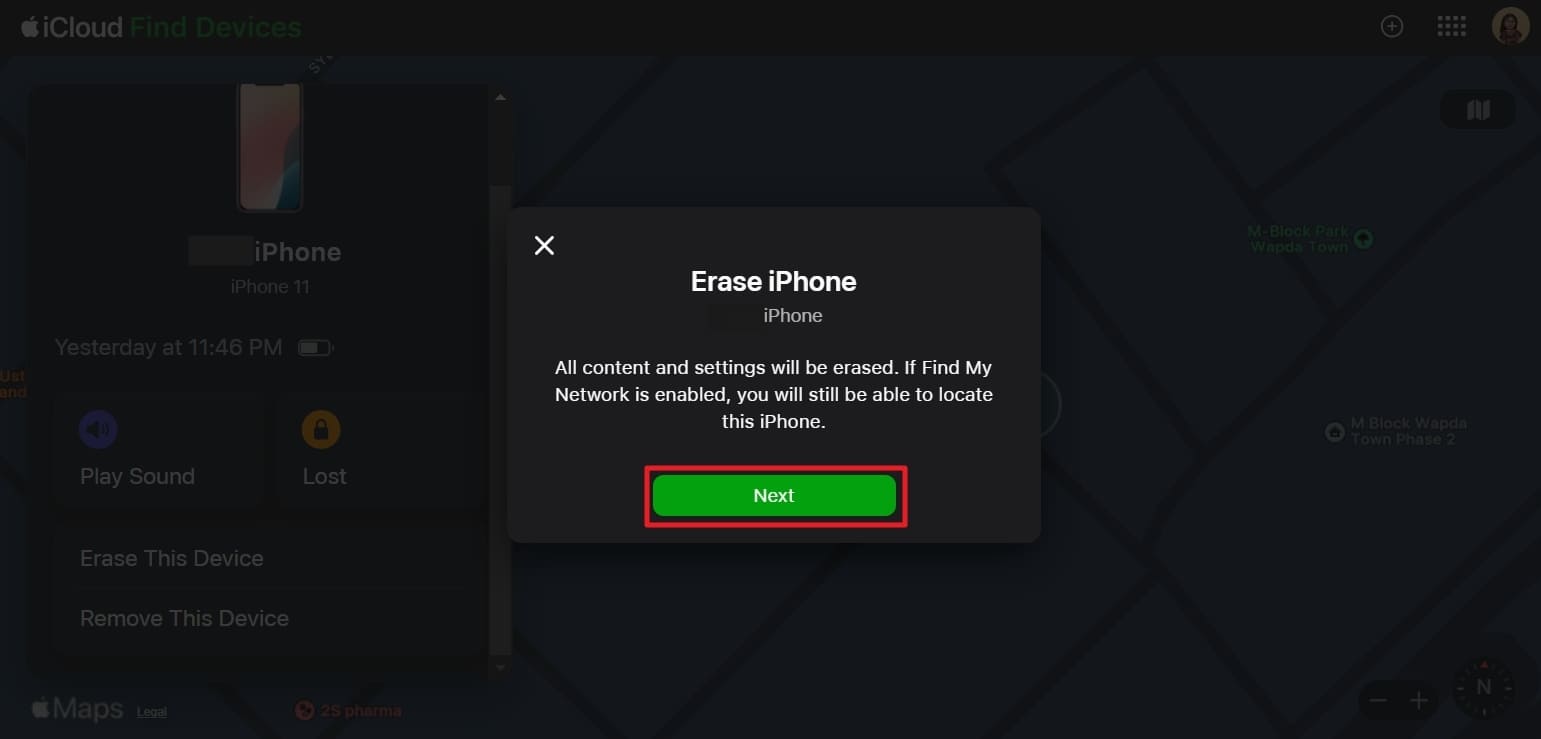 tap erase this device and next