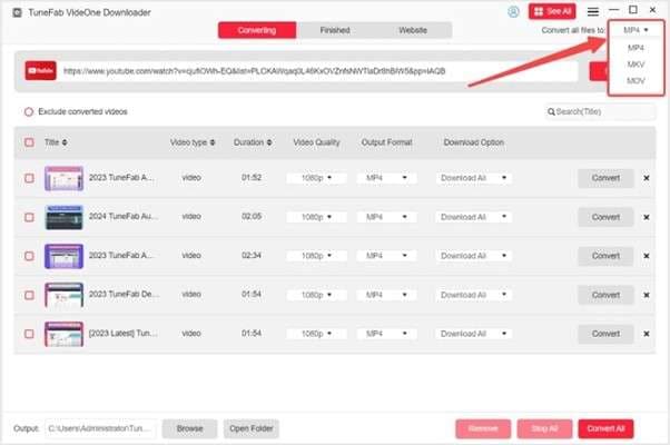 choose output format and press convert