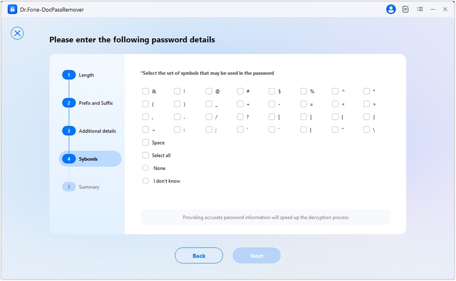 Select the set of symbols that may be used in the password