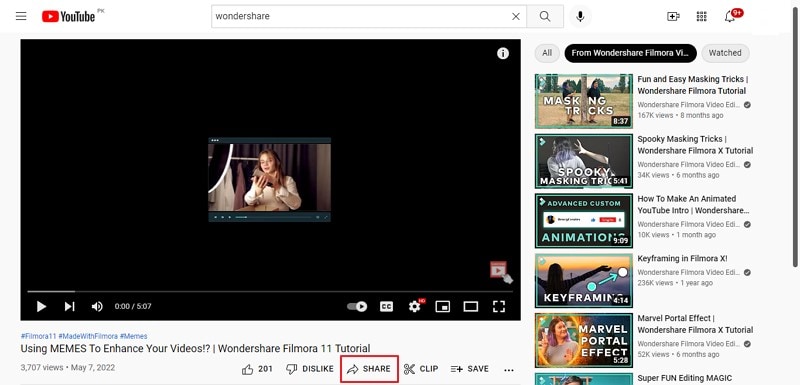 Copiar el enlace del video de YouTube
