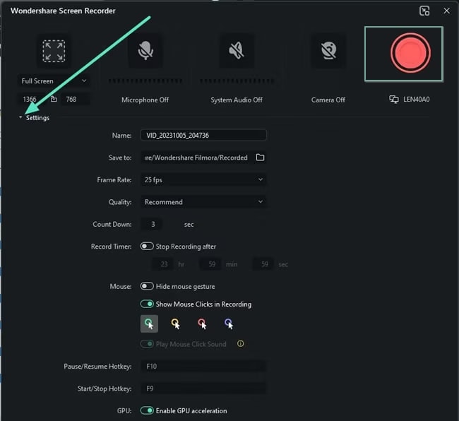 screen recording settings from filmora