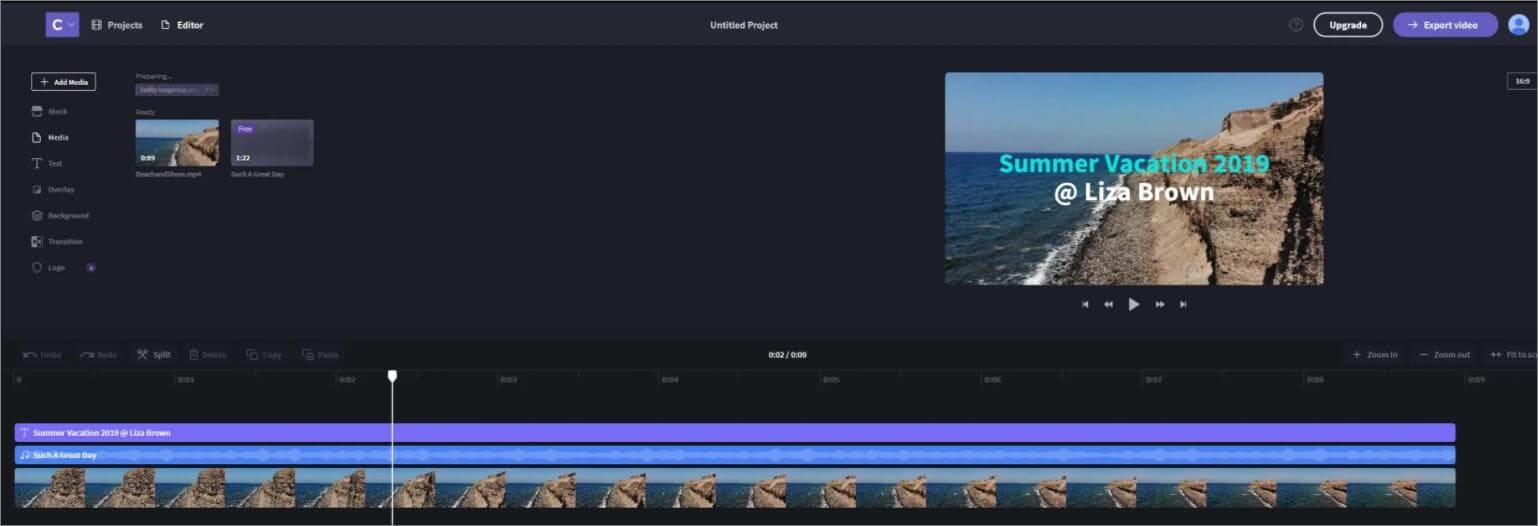 Interfaz de edición del clipchamp