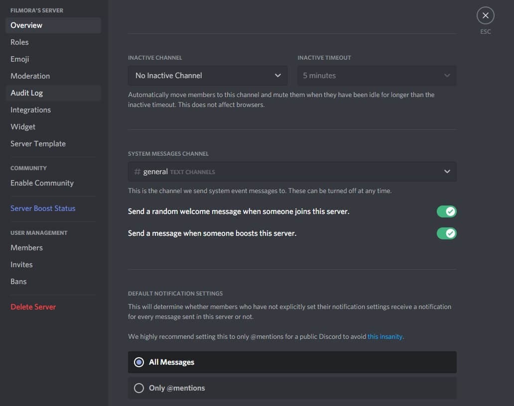 Descripción general servidor Discord