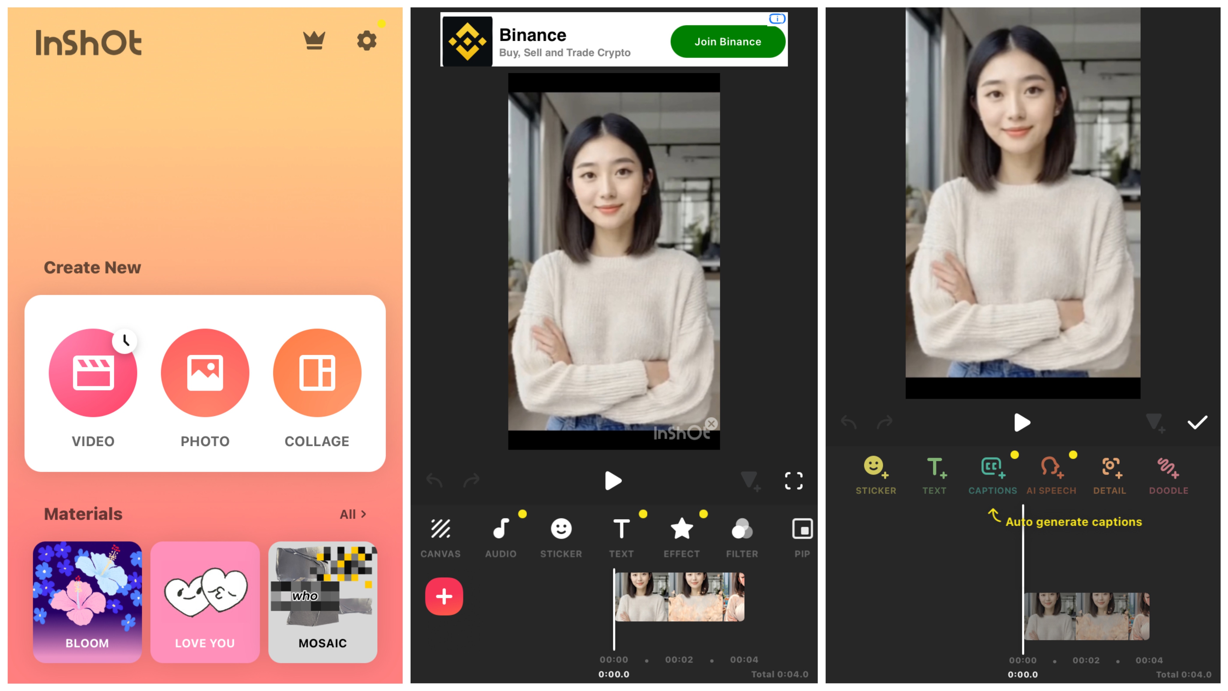 launch inshot and find captions menu