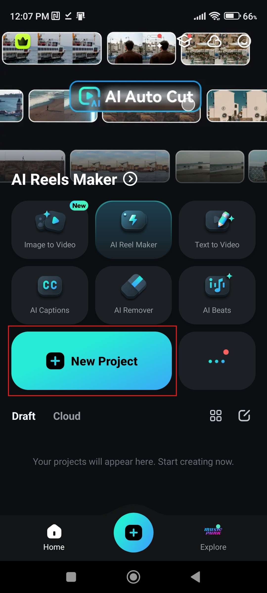 Filmora Mobile crea un nuevo proyecto