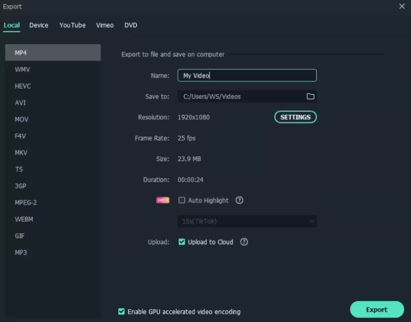 guardar y exportar video con filmora