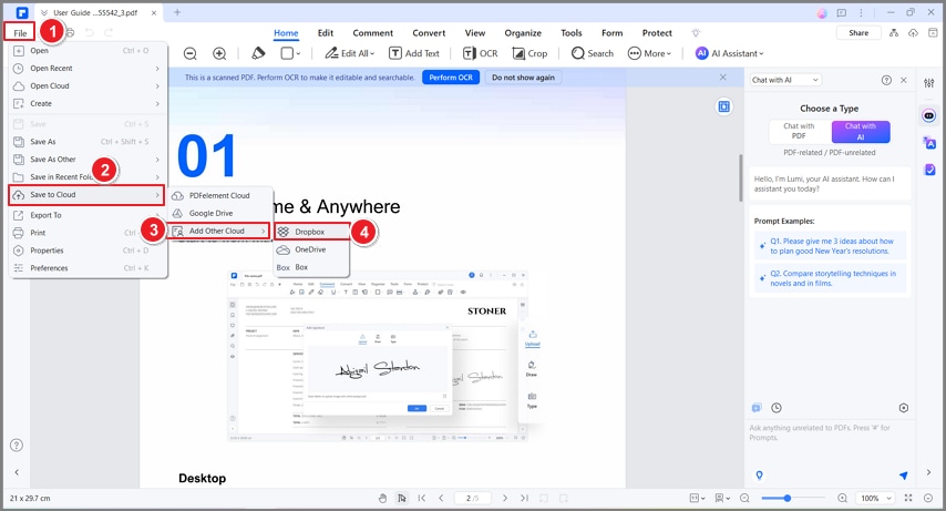 accessing dropbox in wondershare pdfelement
