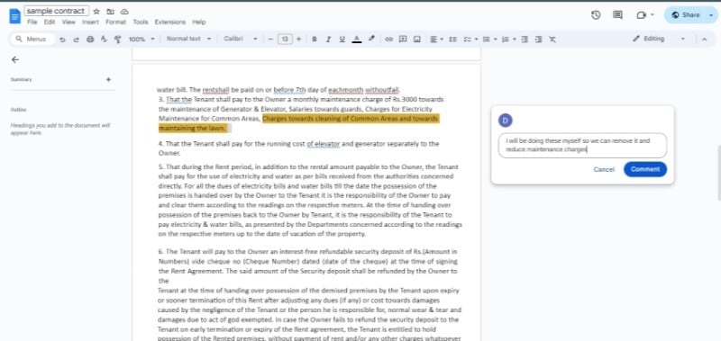 Marcando um contrato usando o Google Docs.