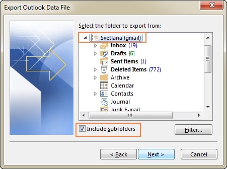 choisir le répertoire du fichier outlook à préserver
