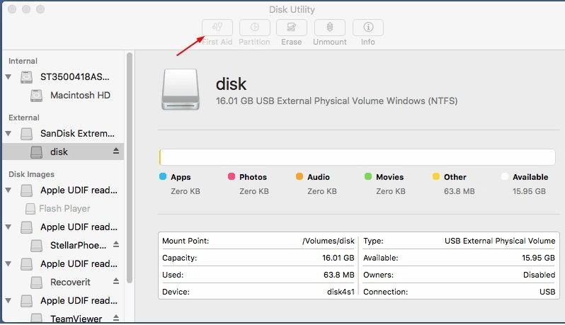 Select the external device and then click on the first-aid function of disk utility