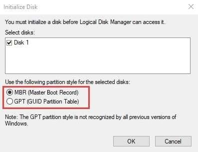 choisir le style de partition dans la gestion du disque
