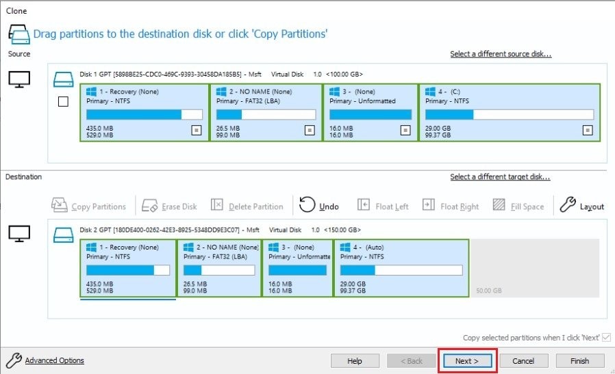 ajuster les partitions pour un clone de disque dans macrium