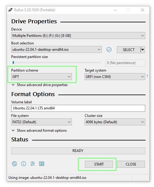 select the gpt partition scheme
