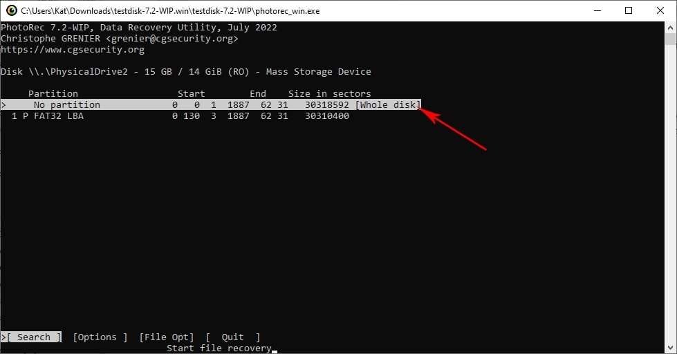sélectionner une partition ou un disque