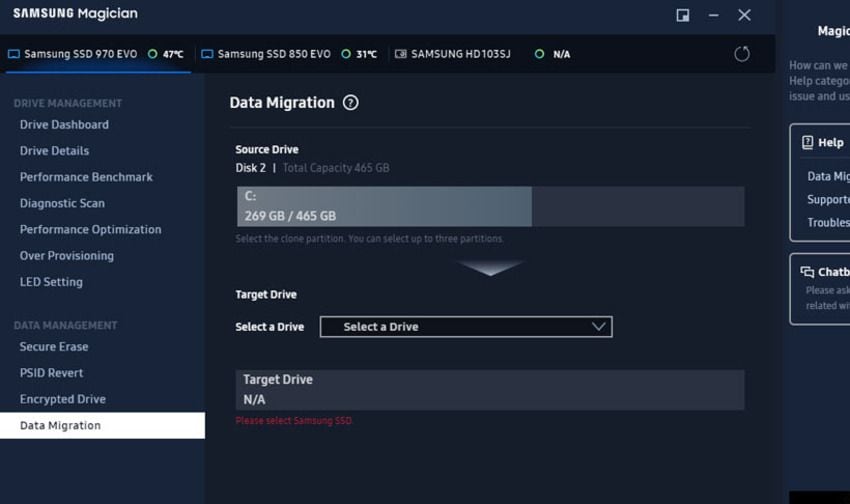 choisir une source dans Samsung pour cloner le système d'exploitation sur un SSD