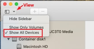 sélectionnez l’option afficher tous les périphériques sur high sierra ou une version ultérieure de macos