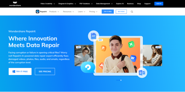 interface de la page web officielle de wondershare repairit
