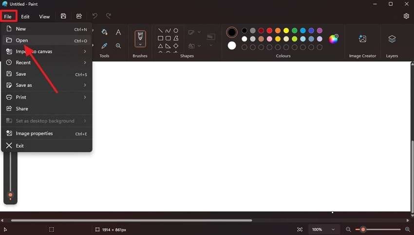 expand file menu to select open