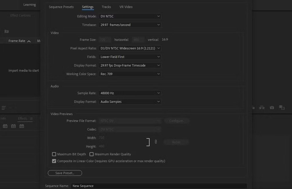 adobe premiere pro sequence settings