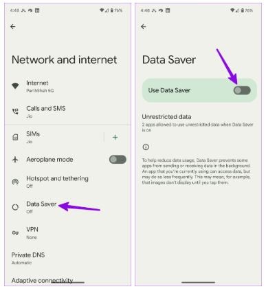 disable data saver mode on android phone