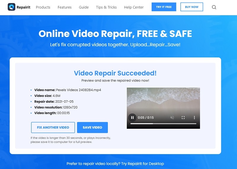 Repairit Processus de réparation en ligne terminé
