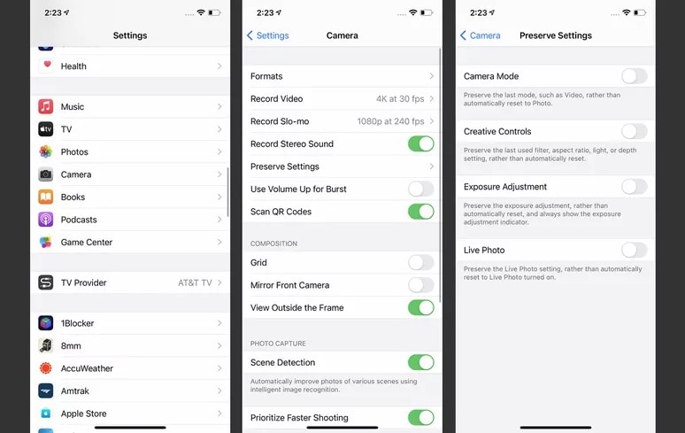accéder aux options pour désactiver l'appareil photo en direct