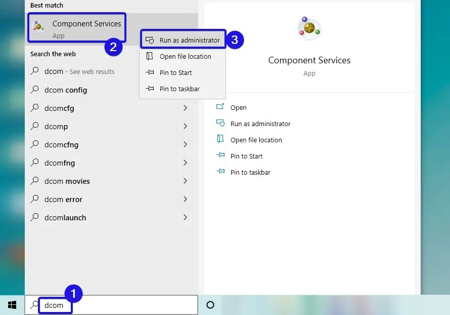 exécuter les services de composants en tant qu'administrateur
