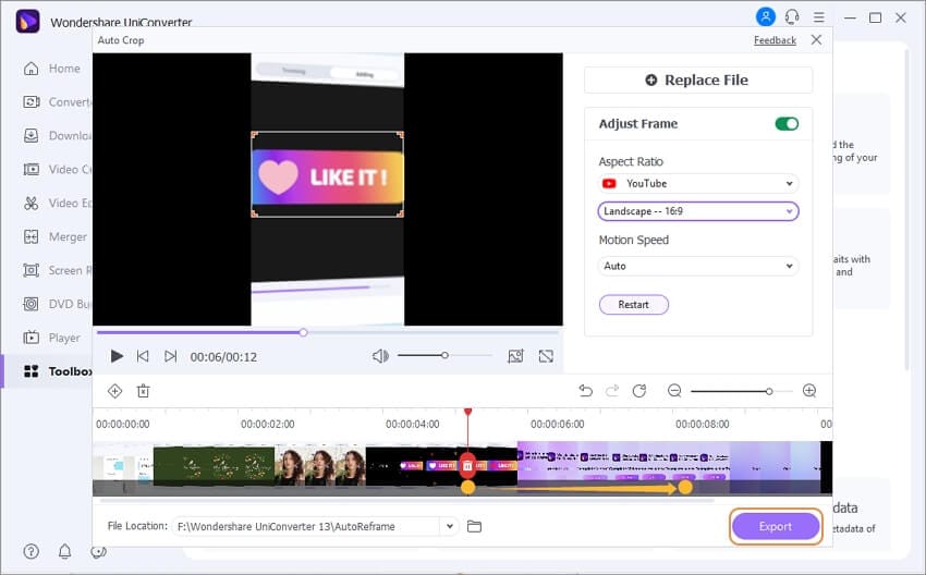 Export reframed video