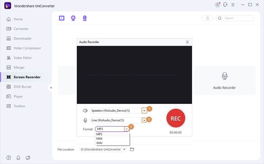 Select Audio Recorder in UniConverter