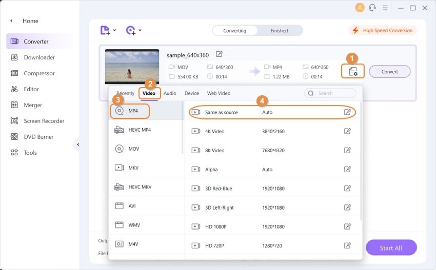 choose MP4 as output format